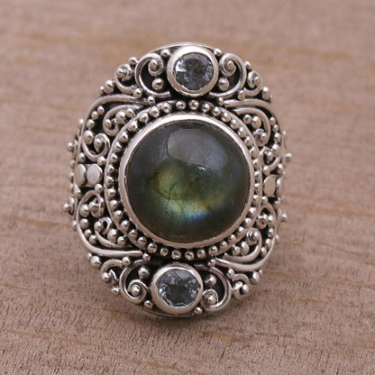 Beguiling Soul Labradorite and Blue Topaz Cocktail Ring from Bali