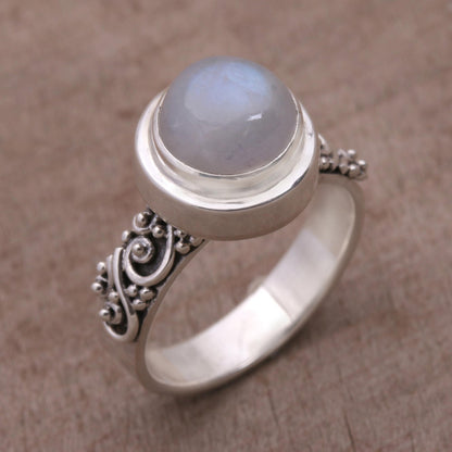 Translucent Forest Rainbow Moonstone and Sterling Silver Ring from Bali
