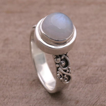 Translucent Forest Rainbow Moonstone and Sterling Silver Ring from Bali