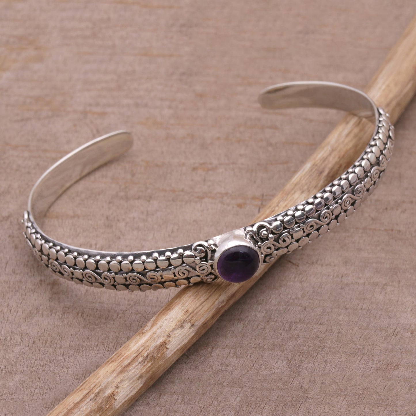 Swirling Altar Amethyst and Sterling Silver Cuff Bracelet from Bali