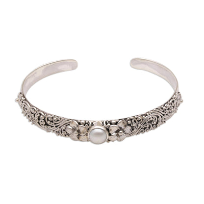 Swirling Jepun Cultured Pearl and 925 Silver Floral Cuff Bracelet from Bali