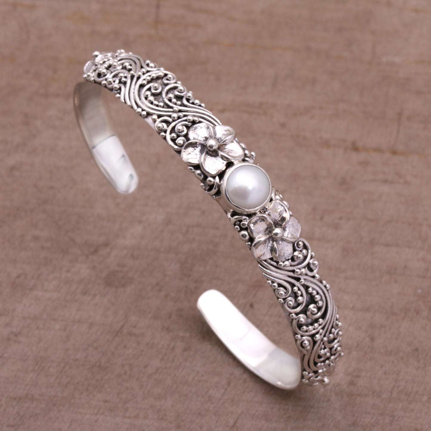 Swirling Jepun Cultured Pearl and 925 Silver Floral Cuff Bracelet from Bali