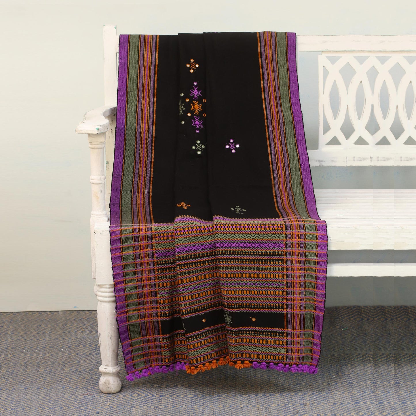 Midnight Mirror Handwoven Throw Blanket with Glass Accents from India