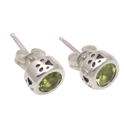 Glistening Paws Peridot and Sterling Silver Paw Stud Earrings from Bali