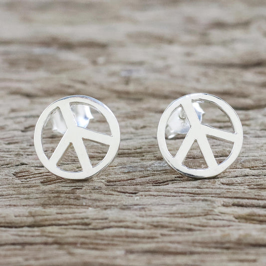 Sign of Peace Handcrafted Sterling Silver Stud Earrings with Peace Sign