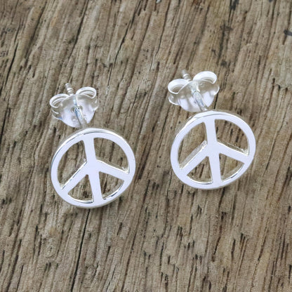 Sign of Peace Handcrafted Sterling Silver Stud Earrings with Peace Sign