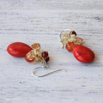 Camellia Drops Multi-Gemstone Red Calcite Dangle Earrings from Thailand