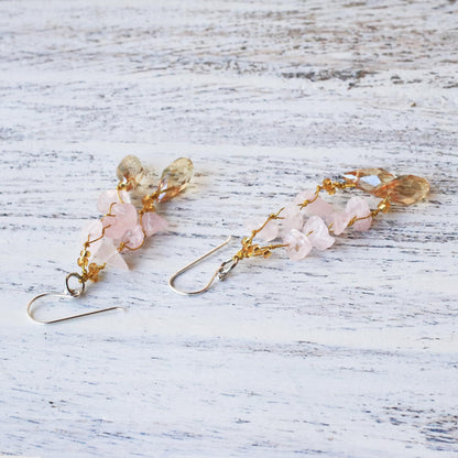 Crystalline Drops Rose Quartz and Glass Bead Dangle Earrings from Thailand