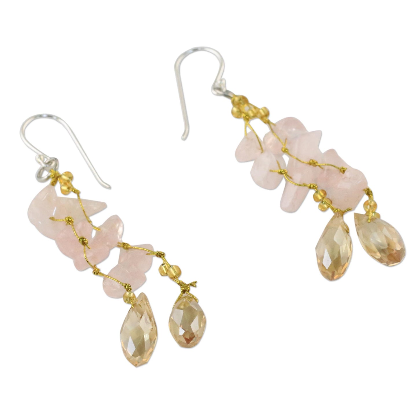 Crystalline Drops Rose Quartz and Glass Bead Dangle Earrings from Thailand