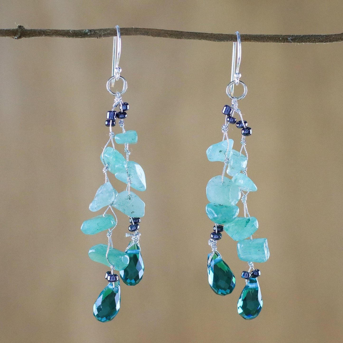 Crystalline Drops in Green Green Quartz and Glass Bead Dangle Earrings from Thailand