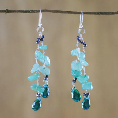 Crystalline Drops in Green Green Quartz and Glass Bead Dangle Earrings from Thailand