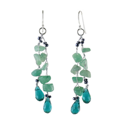 Crystalline Drops in Green Green Quartz and Glass Bead Dangle Earrings from Thailand