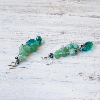 Crystalline Drops in Green Green Quartz and Glass Bead Dangle Earrings from Thailand