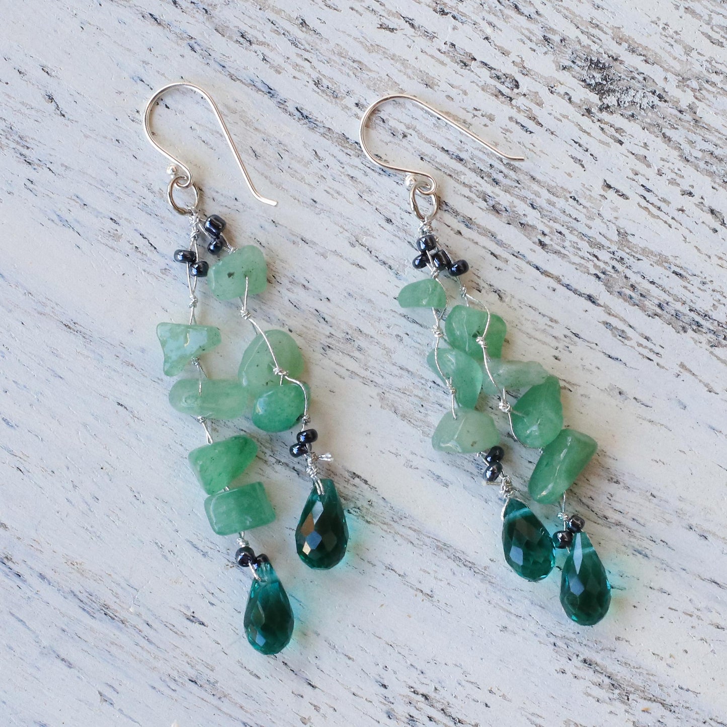 Crystalline Drops in Green Green Quartz and Glass Bead Dangle Earrings from Thailand