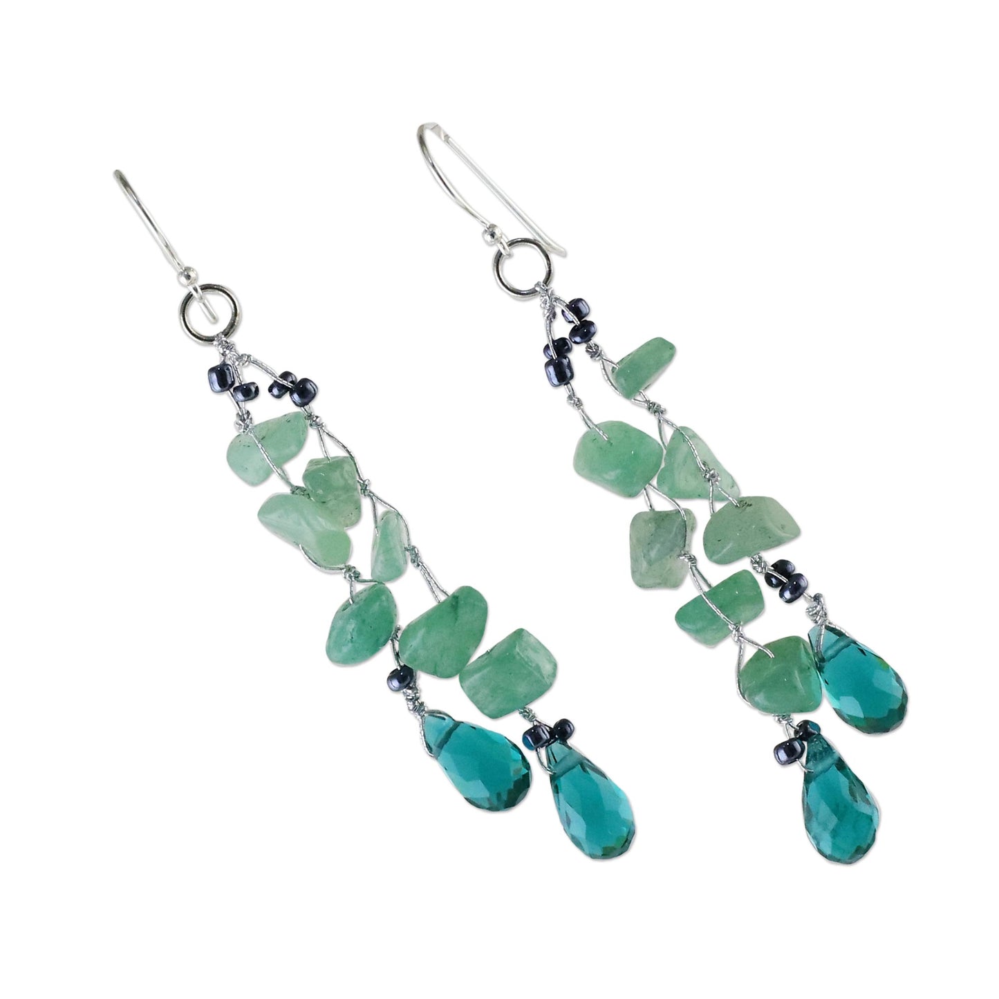 Crystalline Drops in Green Green Quartz and Glass Bead Dangle Earrings from Thailand