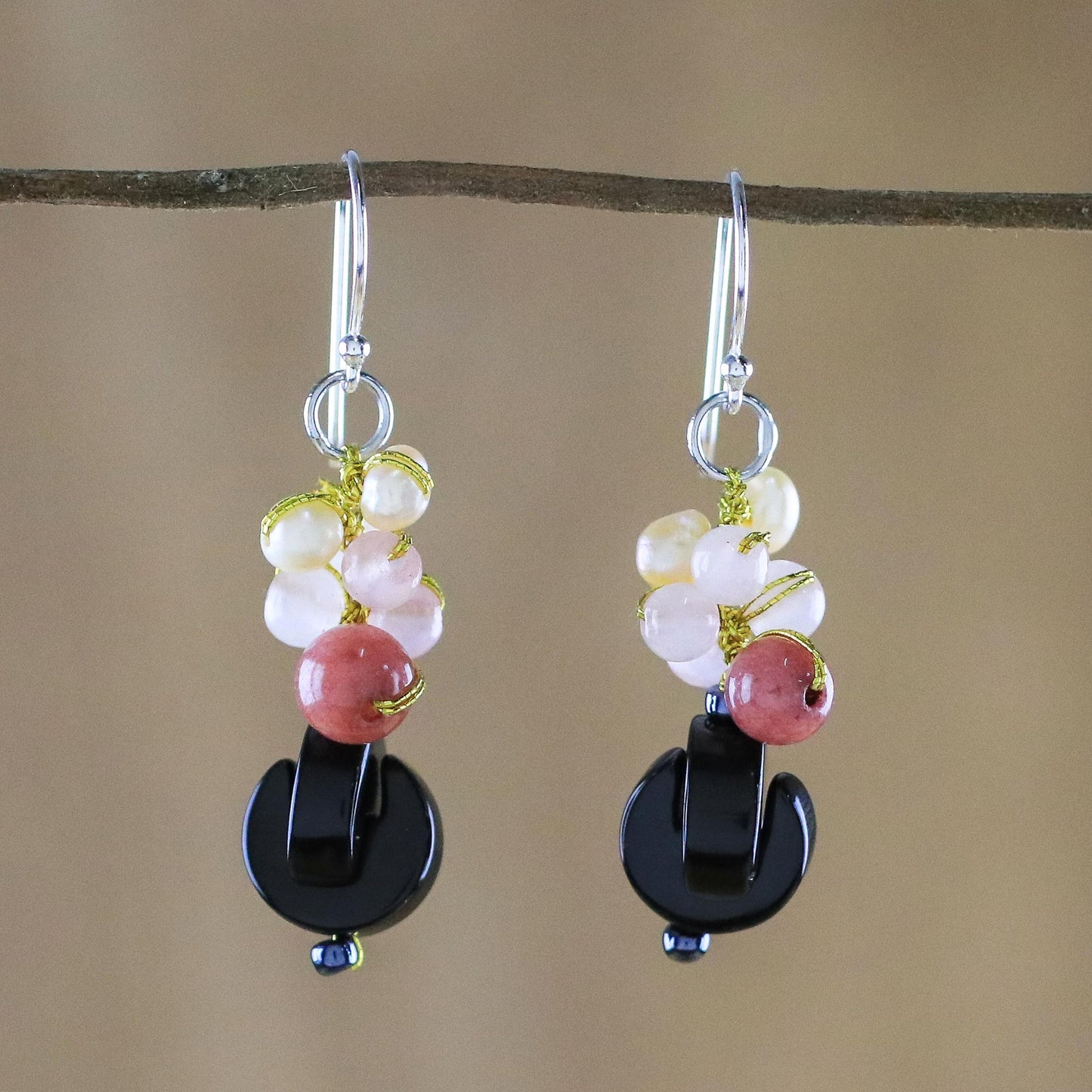 Tidal Wave in Pink Onyx Multi-Gemstone Dangle Earrings from Thailand