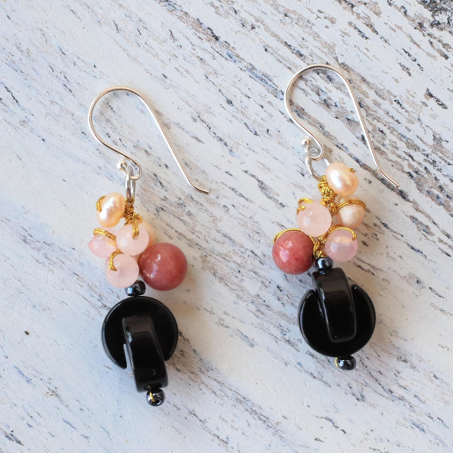 Tidal Wave in Pink Onyx Multi-Gemstone Dangle Earrings from Thailand