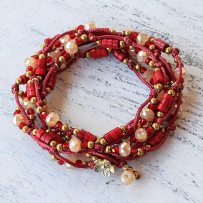 Passionate Party Calcite and Glass Beaded Wrap Bracelet in Red from Thailand