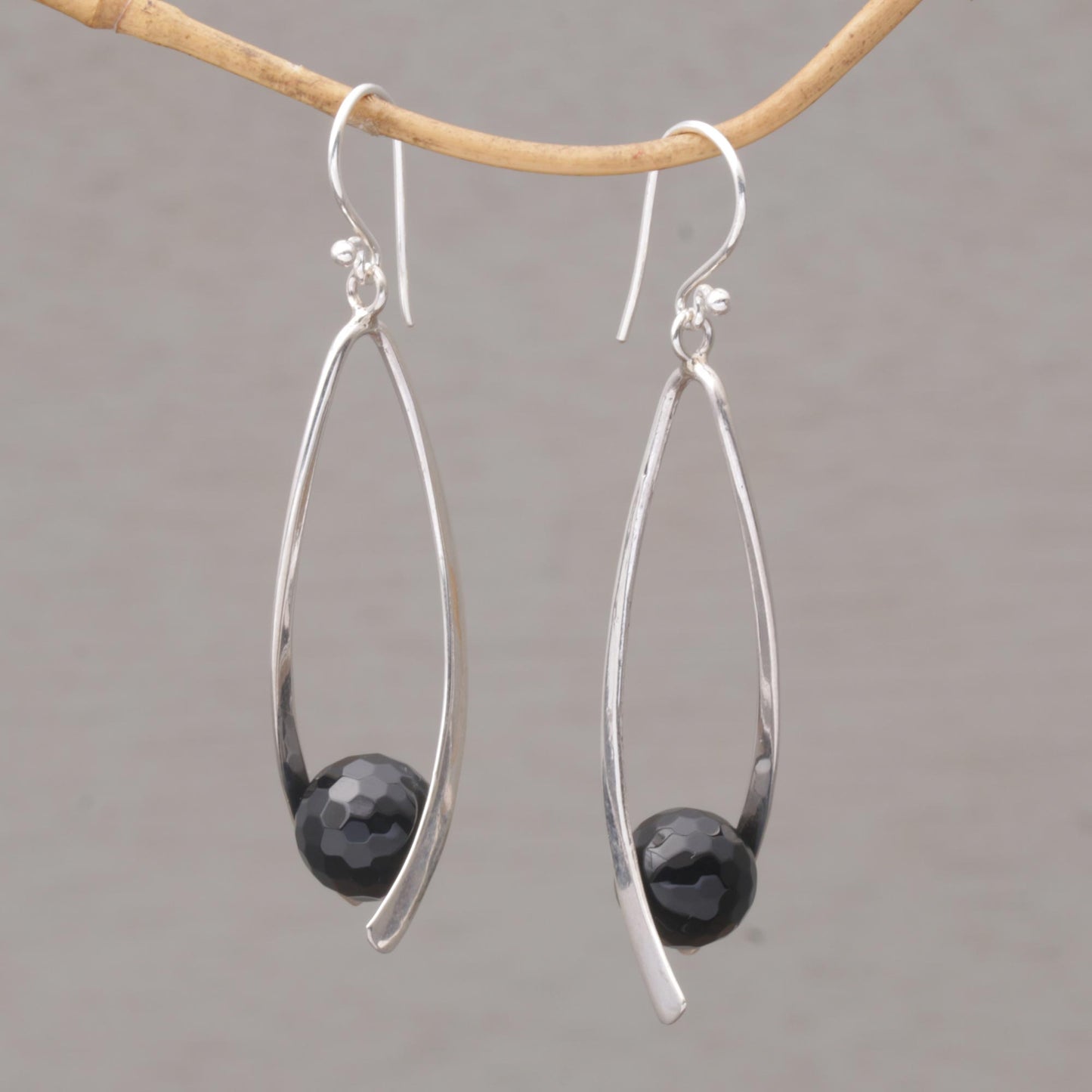 Stellar Cradles Onyx and Sterling Silver Dangle Earrings from Bali