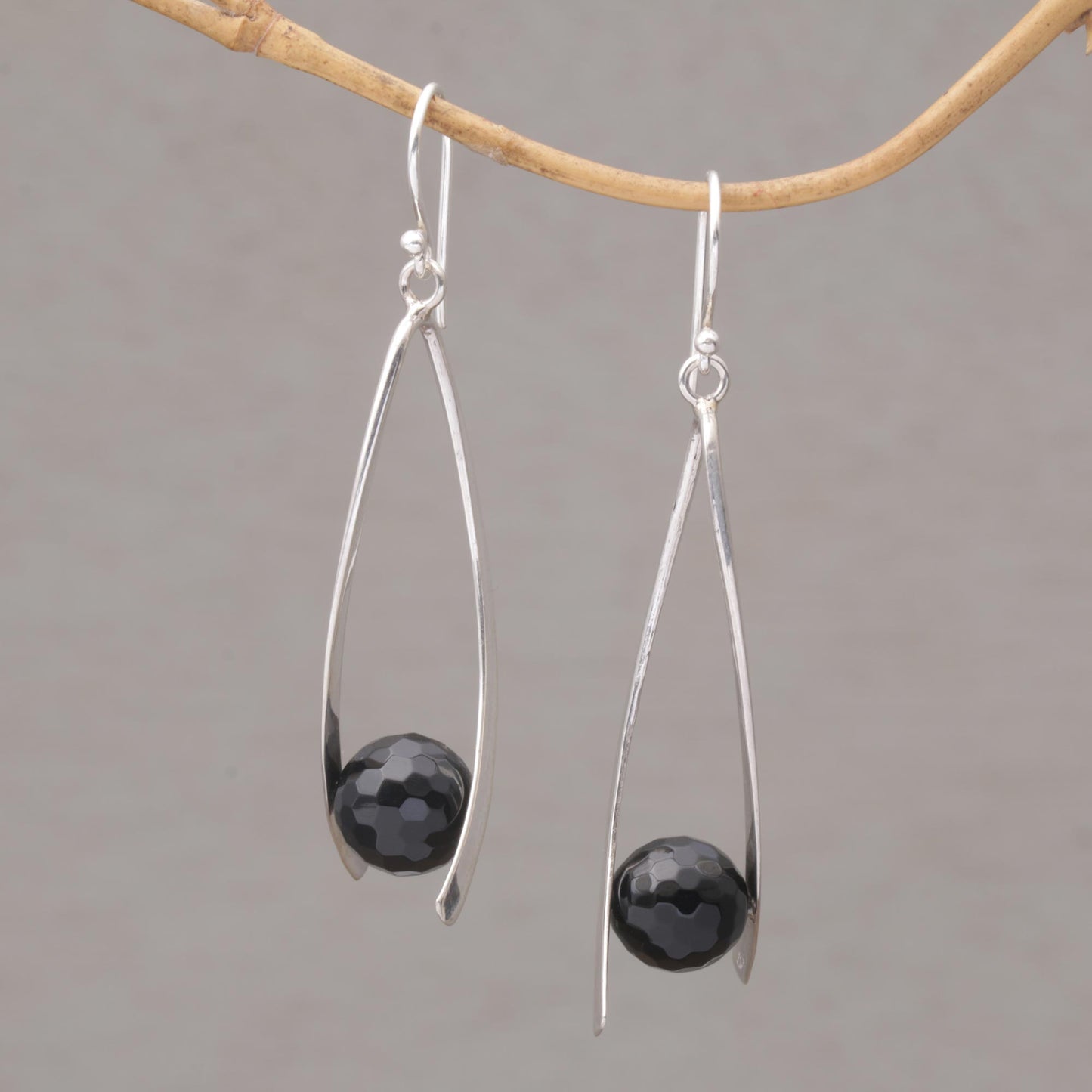 Stellar Cradles Onyx and Sterling Silver Dangle Earrings from Bali