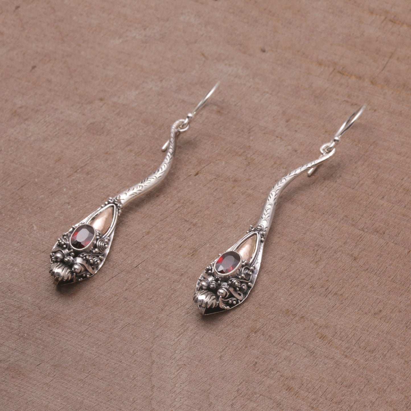 Dragon Queen Garnet and Sterling Silver Dragon Earrings with Gold Accent