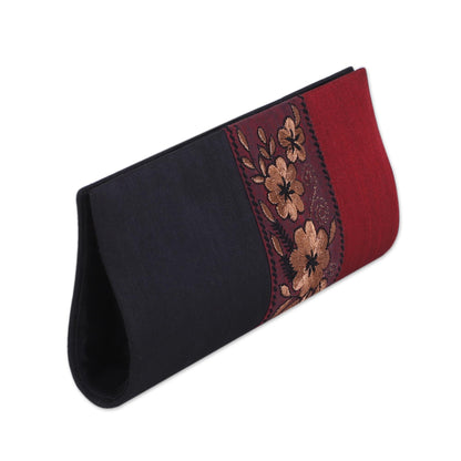 Flowery in Black and Crimson Black and Crimson Clutch Evening Handbag from India