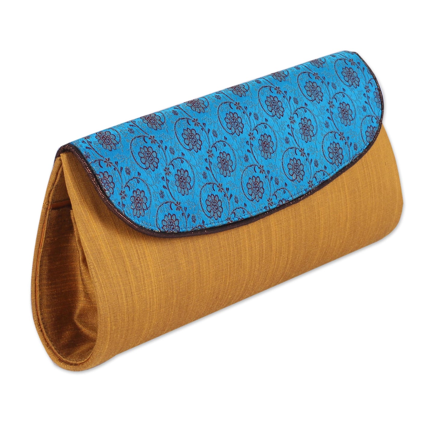 Amber Field Amber and Cyan Clutch Handbag with Floral Pattern from India