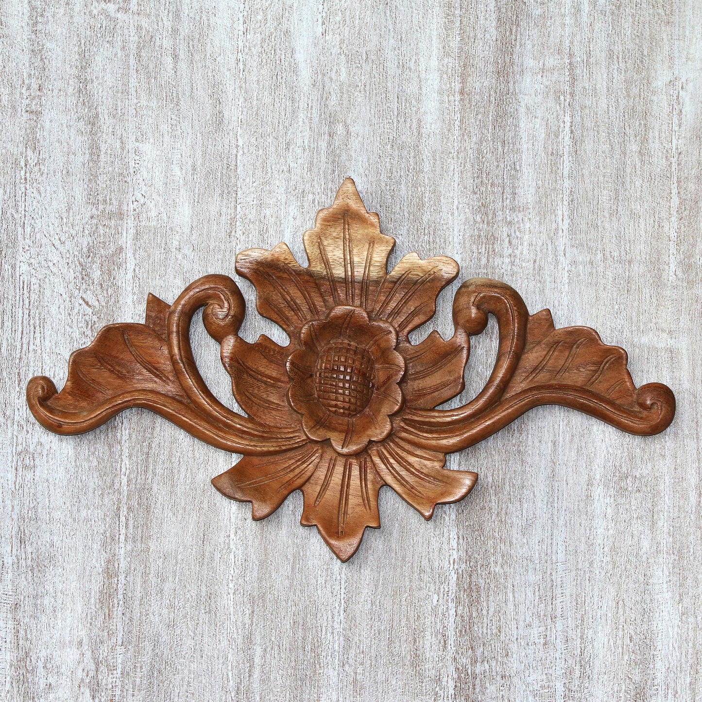 Open Flower Handcrafted Suar Wood Floral Relief Panel from Bali