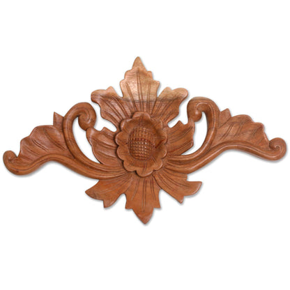 Open Flower Handcrafted Suar Wood Floral Relief Panel from Bali