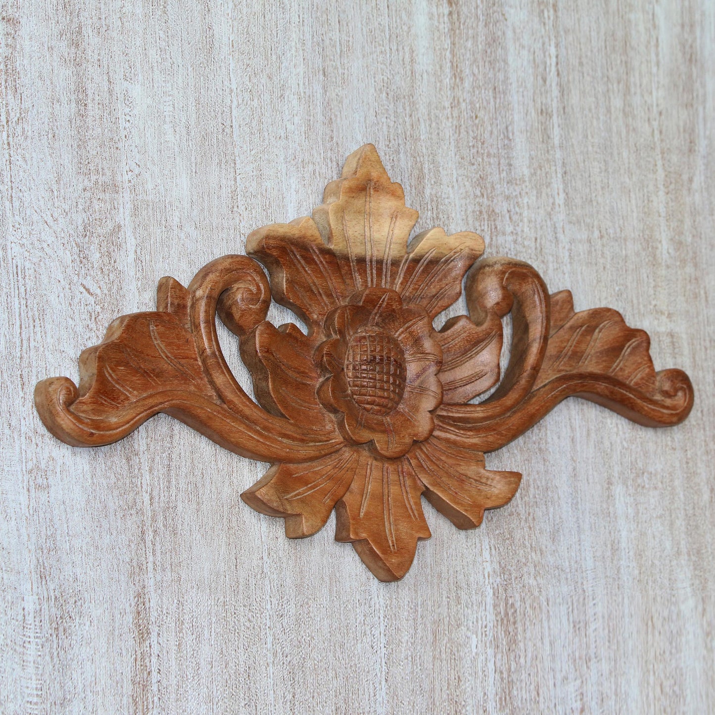 Open Flower Handcrafted Suar Wood Floral Relief Panel from Bali