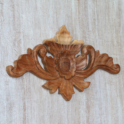 Open Flower Handcrafted Suar Wood Floral Relief Panel from Bali