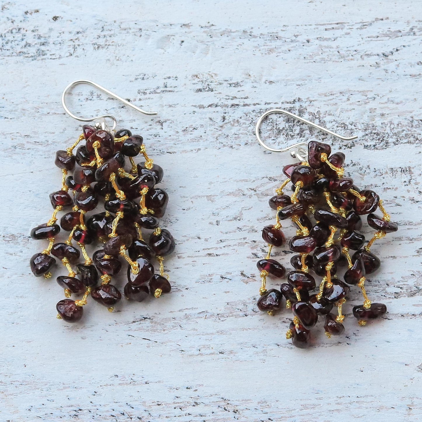 Endless Rain Garnet and Silk Waterfall Earrings from Thailand