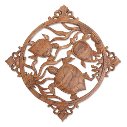 Seaweed Turtles Hand-Carved Suar Wood Turtle-Themed Relief Panel from Bali