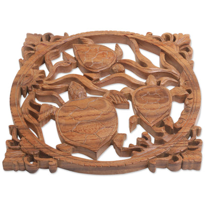 Seaweed Turtles Hand-Carved Suar Wood Turtle-Themed Relief Panel from Bali