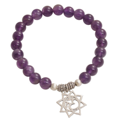 Petaled Om Amethyst Floral Beaded Stretch Bracelet from Bali