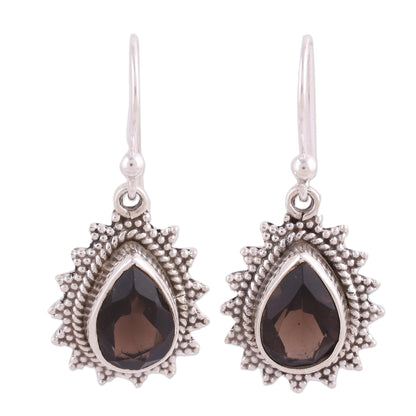 Smoky Drop Handmade Smoky Quartz and Silver Earrings from India