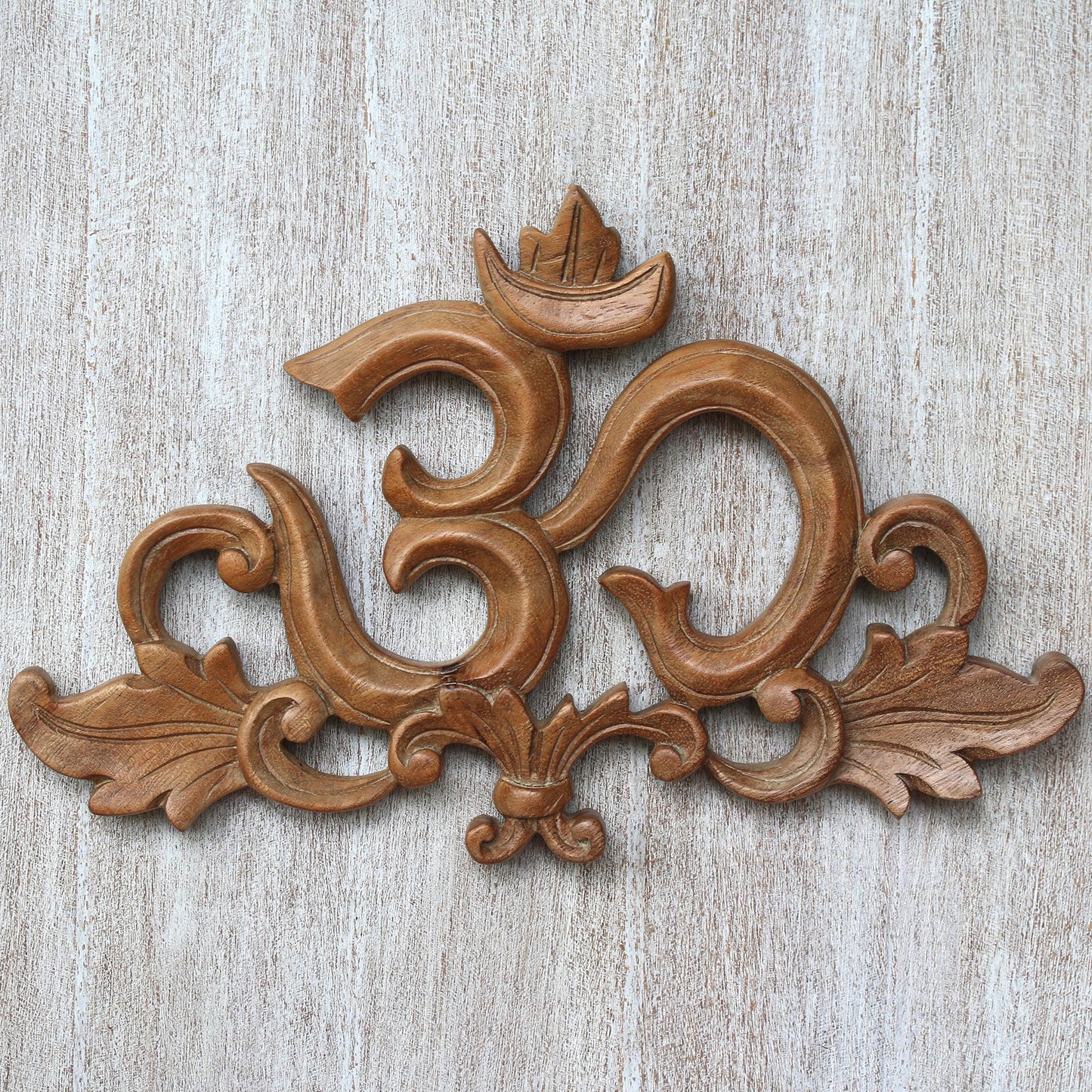 Flourishing Om Handcrafted Suar Wood Leafy Om Relief Panel from Bali