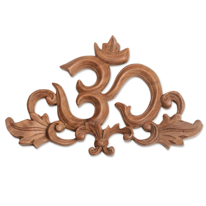 Flourishing Om Handcrafted Suar Wood Leafy Om Relief Panel from Bali