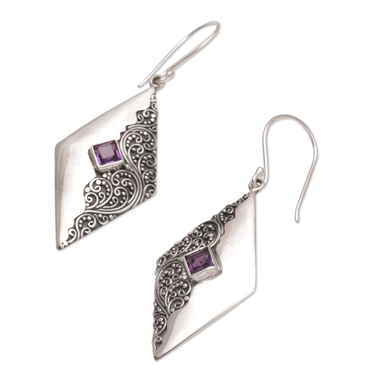 Diamond Ferns Amethyst Diamond-Shaped Dangle Earrings from Bali