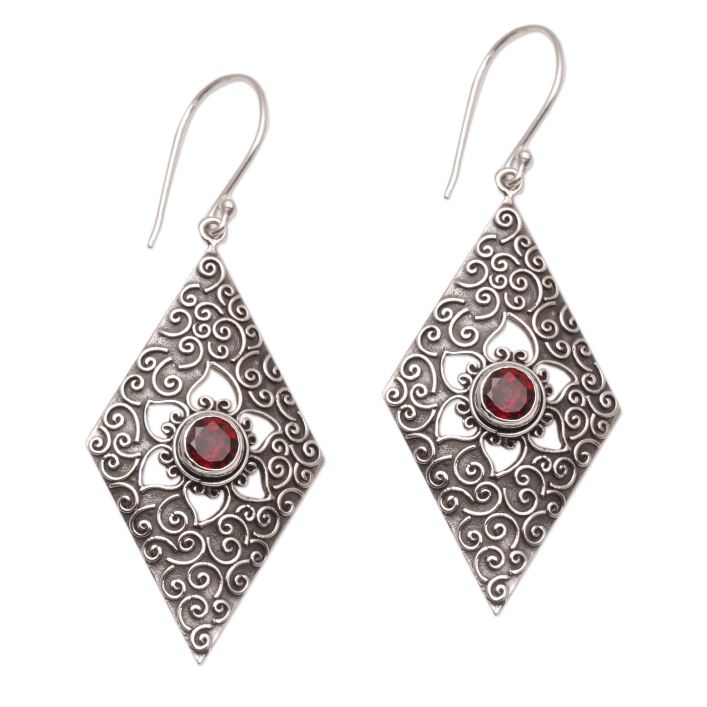 Daisy Spirals Garnet Silver Dangle Earrings