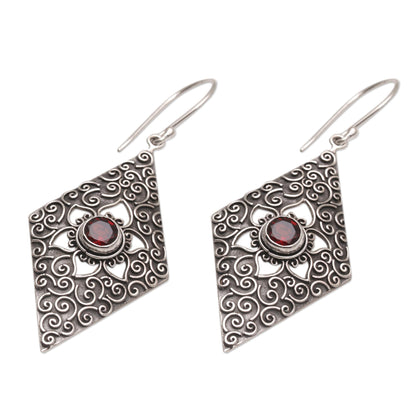 Daisy Spirals Garnet Silver Dangle Earrings