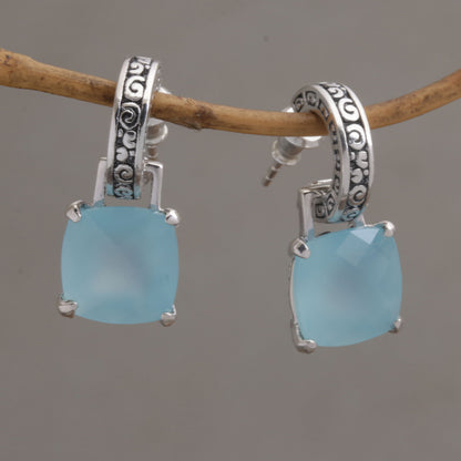 Buddha Hoops Blue Chalcedony and 925 Silver Dangle Earrings from Bali