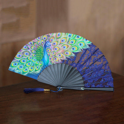 Peacock Mystery Black and Blue Mahogany and Silk Fan