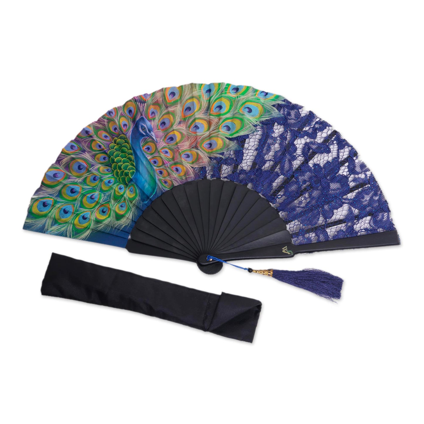 Peacock Mystery Black and Blue Mahogany and Silk Fan