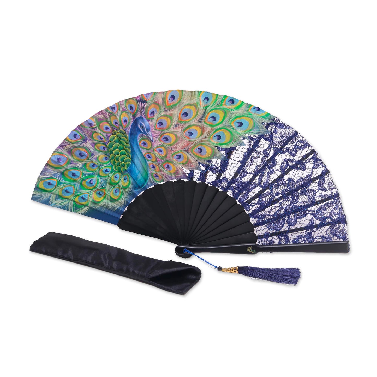 Peacock Mystery Black and Blue Mahogany and Silk Fan