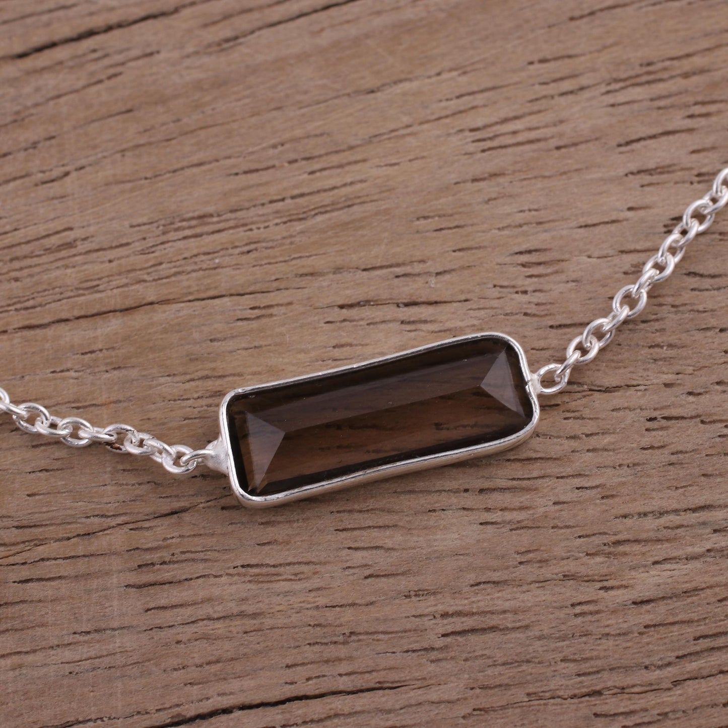 Elegant Prism Smoky Quartz and 925 Silver Pendant Bracelet from India