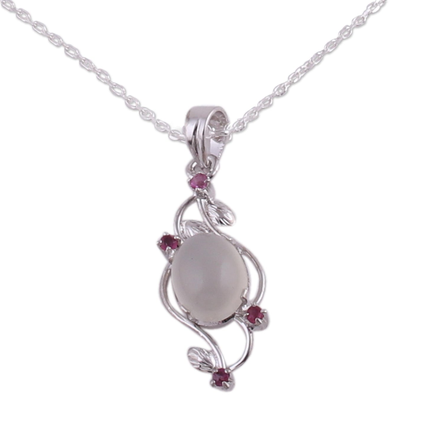 Moonlight Revel Moonstone and Ruby Sterling Silver Pendant Necklace