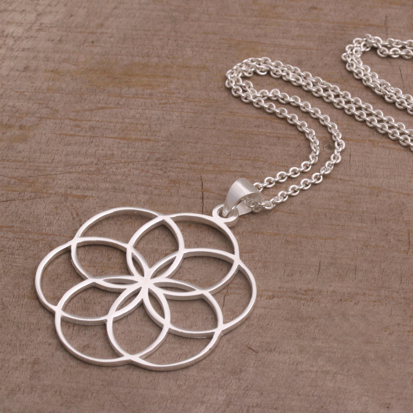 Six Rings Sterling Silver Circle Motif Pendant Necklace from Bali