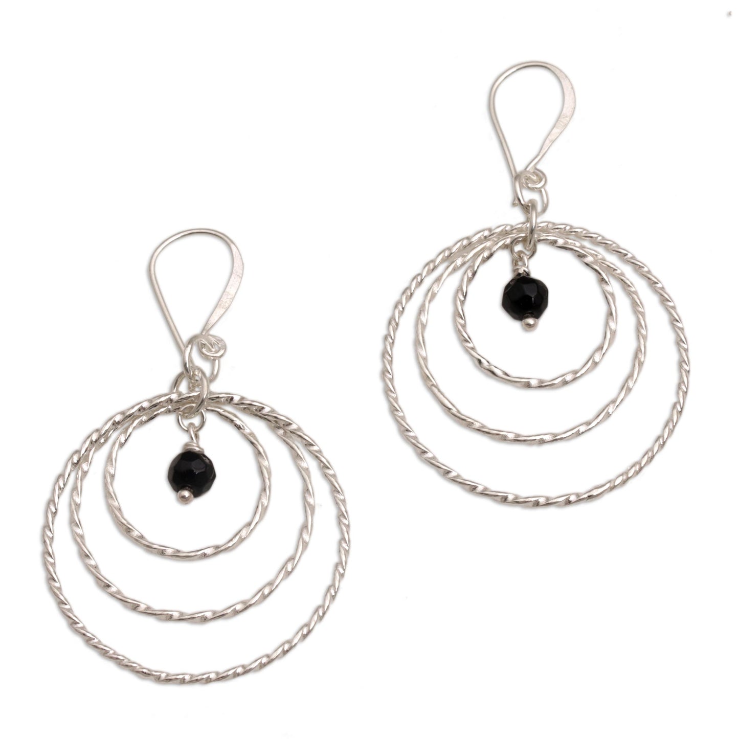 Gleaming Rings Onyx and 925 Sterling Silver Dangle Earrings from Bali