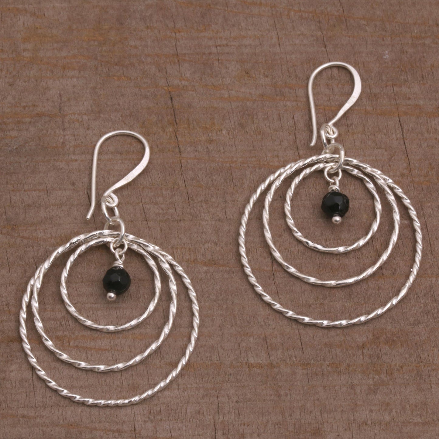 Gleaming Rings Onyx and 925 Sterling Silver Dangle Earrings from Bali